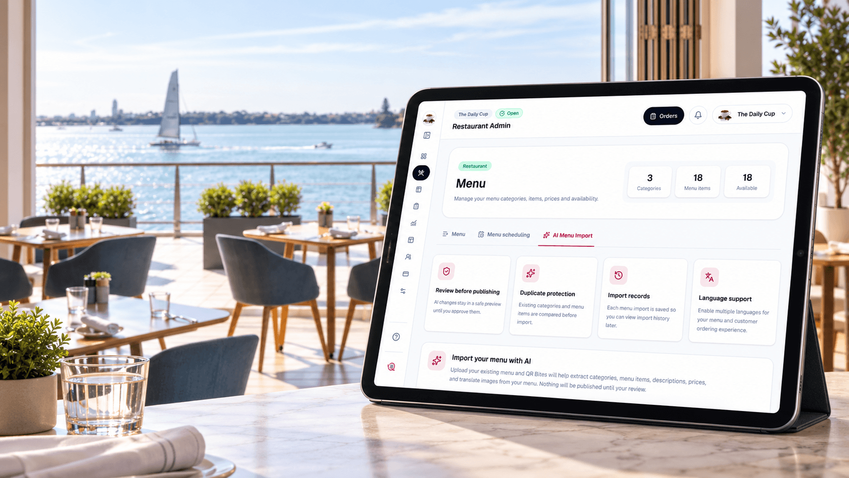 Food Order Lane menu management on a tablet in a waterfront restaurant